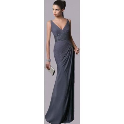 Vestido De Festa Elegant Grey Chiffon V-Neck Long Women Longo Cheap Price Pleats Formal party prom Gown 2018 bridesmaid dresses