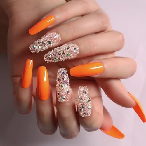 24pcs/Set Pretty Full Crystal Fake Nails Long Orange Ballerina Artificial Full Nail Art Tips with Glue Wedding Bride False Nails