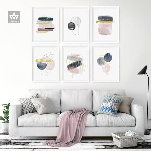 Abstract Watercolors Geometric Paintings on Canvas Blush Pink Navy Poster Print Blue Wall Art with Gold Line Picture Living Room