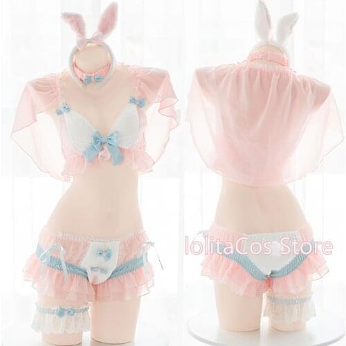 Cute Cream Dessert Bunny Intimate Underwear Set Pink Sexy Lolita Bra Suit Sweet Lovely Rabbit Pajamas Ruffles Bow Uniform Set