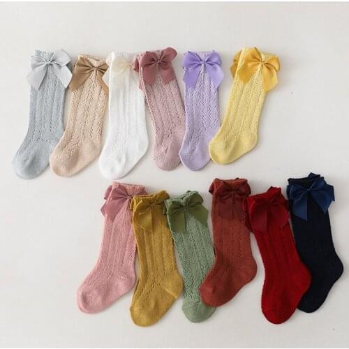 Summer Baby Girls Socks With Bow Kids Long Sock Knee High Cotton Hollow Out Toddlers Mesh Children Princess Socken For 0-7 Years