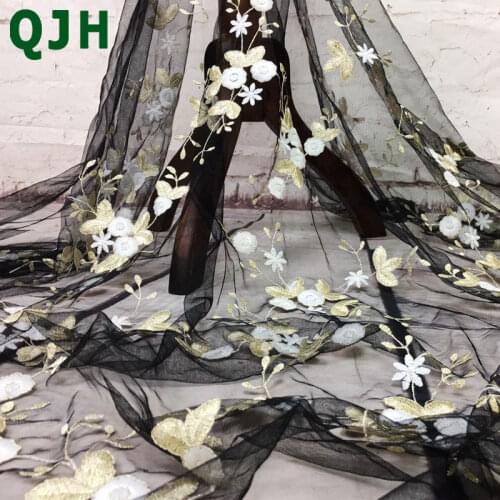 Fashion Multi-color French Lace fabric applique High Quality Gold wire textile embroidery fabrics material wedding/party dress