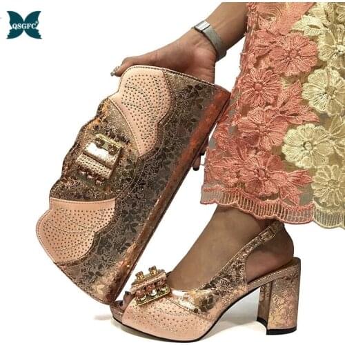 Peach Color Italian design Ladies Shoes and Bags Set Nigerian Party Shoes and Sets of African Bag Harmonizing Shoes Med heel
