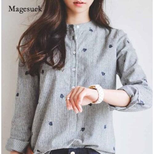 New 2020 Fashion Grey Striped Women Long Sleeve Leaf Embroidery Blouse Shirt Womens Clothing Office Ladys Tops Blusas 335F 30