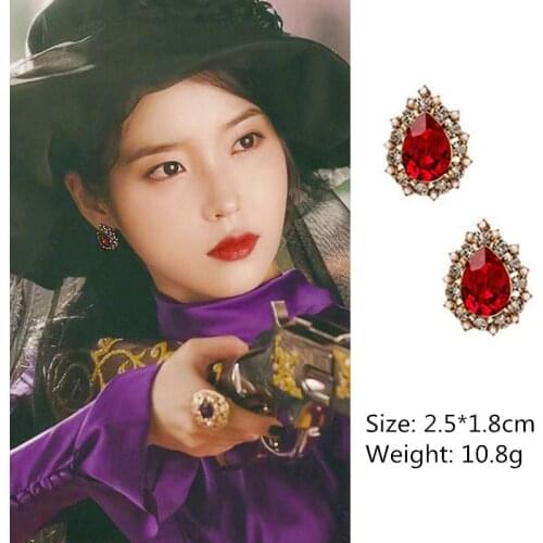 New Hot Popular Korean TV Red Crystal Water Drop Shape Earrings Rhinestone Small Simulated Pearl Eardrop for Women Brincos