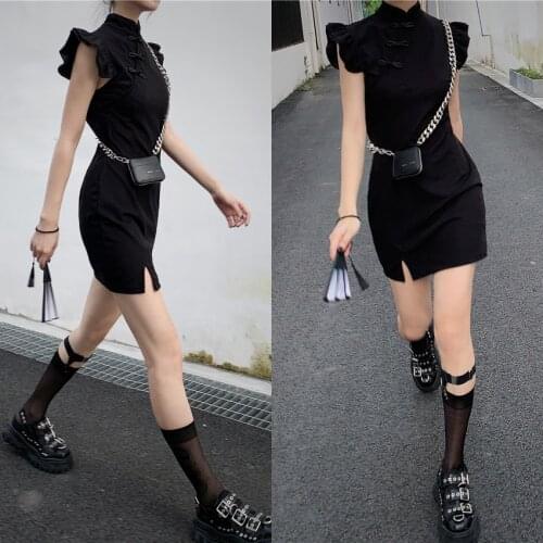 Girls Chinese Style Fashion Cheongsam Dress Retro Qipao Sexy Women Split Butterfly Sleeve Mini Sexy Dress Vintage Outfits