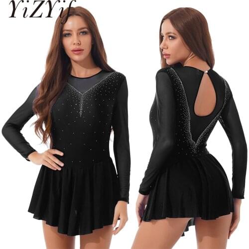 Women Shiny Rhinestone Figure Ice Skating Dress Roller Skating Ballet Dance Leotard Dress Round Neck Long Sleeve with Fingertip