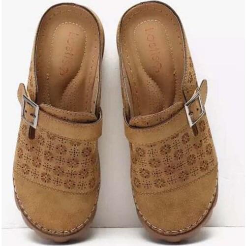 2021 Summer Women Premium Orthopedic Open Toe Sandals Buckle Anti-Slip Breathable Leather Casual Female Platform Retro Shoes