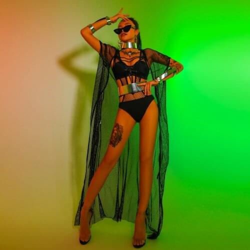 Mesh Pole Dancing Clothes Women Gogo Dancer Costume DS DJ Stage Outfit Sexy Clubwear Black Bodysuit Jazz Dance Wear DL7466