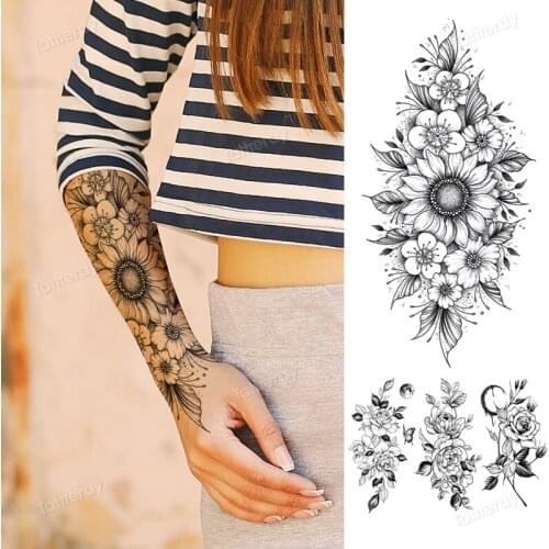 Temporary sleeve tattoo sunflower peony rose flowers fake tattoo for woman armband wrist tattoo sticker black waterproof body