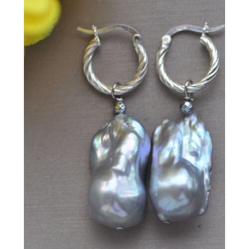 Z11006 24mm Gray Baroque Reborn Keshi Pearl Dangle Earring 925ss