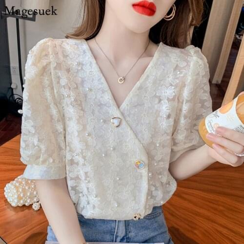 Korean Chic Summer Blouse Women 2021 Beading Puff Short Sleeve Tops V-neck Fashion Lace Hollow Crochet Shirt Women Blusas 15134