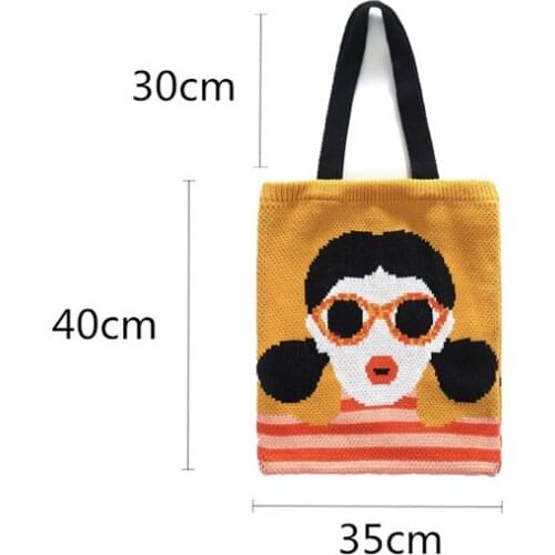 Girl Fashion Anime Soft Crochet Woolen Women Handbag Large Shopper Bag Study Girl with Red Lip Pattern Cartoon Knitting Tote Bag