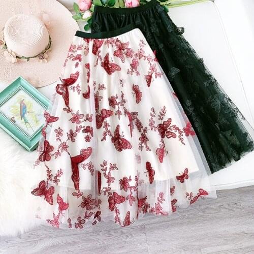 2020 Women Mesh Skirt High Waist A-Line Tutu Skirts Butterfly Embroidered Skirts Womens Sweet Skirts Girl Streetwear Saias Femme