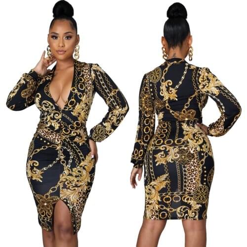 Women Dresses Spring Autumn 2021 Hot Recommend Style Deep V Neck Long Sleeve Shirts Blouses Office Lady Party Dress Wholesale