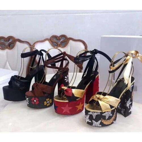 INS hot woman chunky high heel platform sandal woman high platform bow lace up high heel chunky sandal real photos 14 CM HEEL