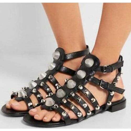 US4-11 Womens Punk Strappy Studded Rivet Sandals Flats Roman Leather Open Toe Summer Shoes Plus Size 6Colors C358