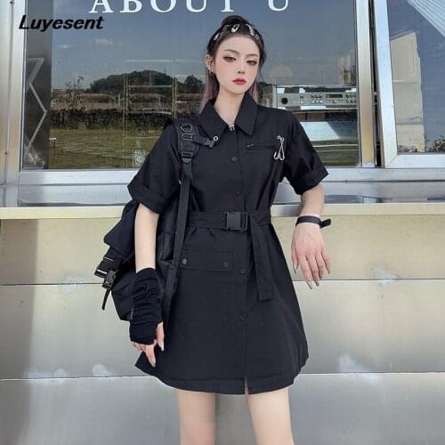 Black Safari Style Women Mini Shirt Dress Summer Lapel Collar Lady Short Sleeve Belt Dresses Single Breasted Pin Pocket Shirts