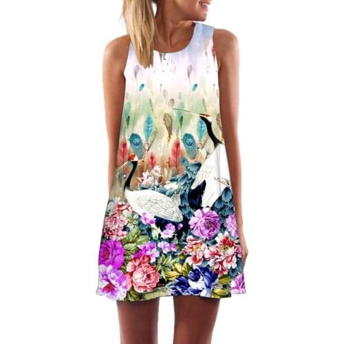Crane Peony Flower 3D Digital Printing O-Neck Slim Mini Dress Casual Beach Holiday Women Dress Elegant Lady Wear LYQ04