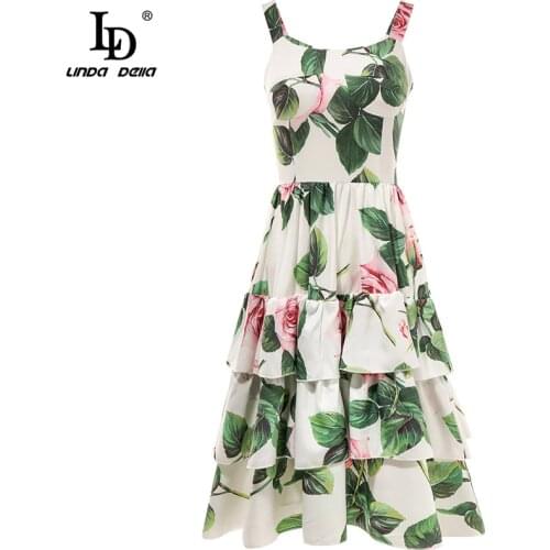LD LINDA DELLA Summer Fashion Runway Dress Women Spaghetti strap Ruffle Cake Floral Print Elegant Plus size Dress vestido