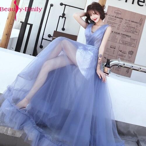 Beauty Emily 2020 Sexy Double V Neck Sleeveless Women Evening Dress Charming Lace Illusion Formal Dress with Sweep Train