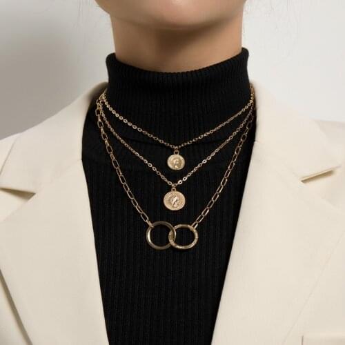 Vintage Punk Multilayer Round Circles Coin Pendant Necklace for Women Geometric Thick Chains Sweater Necklace Jewelry Gift