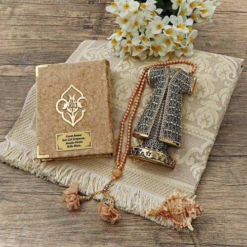 Trinket, Quran Velvet Covered, Cotton Taffeta Prayer Rug, Pearl Rosary Rose Gift Set FREE SHİPPİNG