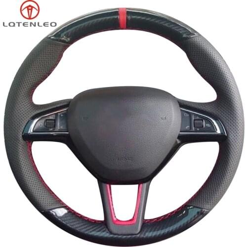 LQTENLEO Black Carbon Fiber Leather Car Steering Wheel Cover for Skoda Octavia Superb Yeti 2013-2019 Kodia Karoq 2016-2019 Scala