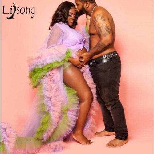 Fantastic Mix Color Illusion Long Robe For Pregnant Women Sexy See Thru Ruffles Tulle Prom Dresses Full Sleeves Formal Dress