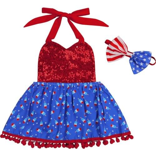 FOCUSNORM Independence day Baby Girls Lovely Romper Dress Sequined Printed Patchwork Strap Sleeveless Jumpsuits 0-24M