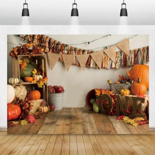 Photo Backdrop Autumn Harvest Pumpkins Fallen Maples Leaves 1st Child Farm Theme Birthday Party Shoot Photography Background