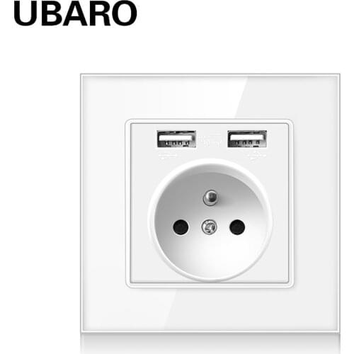 UBARO French Standard 86*86mm Ac100-250V 16A Crystal Glass Panel USB Socket Electrical Plug Power Sockets Prise With Usb 5V 2A