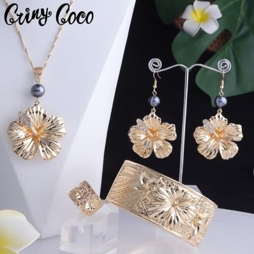 Hawaiian Fashion Sets Jewelry Pearl Flower Polynesian14K Ring Nacklaces Drop Earrings Brecelets Fine Set for Women Party Wedding
