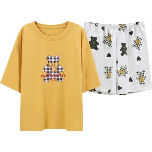 Summer New Fashional Ladies Sleepwear Cotton Pajams Yellow Nightshirt Nightdress Suit Pyjamas Women Sets With Short Pants
