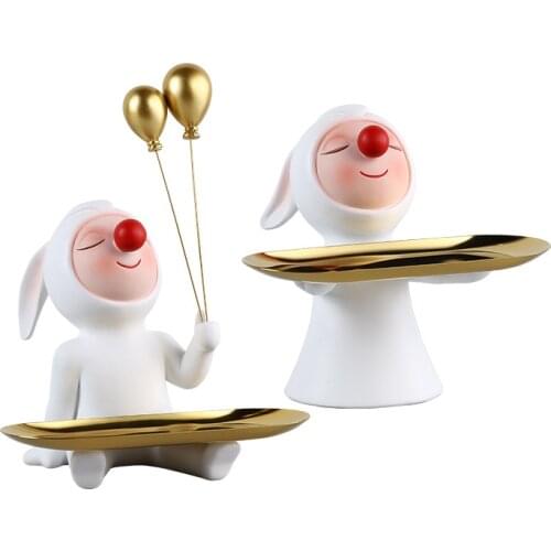 Fashionable Red Nose Bunny Statue Resin Free Tray Sculpture Entrance Key Storage TV Cabinet Wine Cabinet Decorations Home Decor