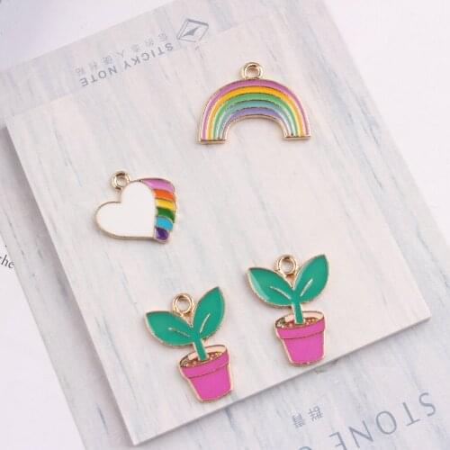 MRHUANG 10pcs/Pack Cloud Heart rainbow Potted plants Gold-color Potted enamel Charms For DIY Bracelet Jewelry Finding handmade