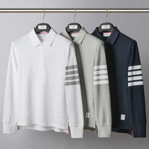 2021 Fashion TB THOM Brand Polo Shirts Men Long Sleeve Casual Clothing Solid Striped Spring Autumn Turn Down Collar Cotton Polo