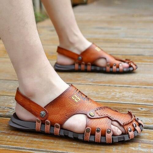 SHENCE Men Sandals Slippers Male Loafers Retro Roman Shoes Cool Beach Shoes Summer Outdoor Leisure Hiking Shoes Plus Size 38-47