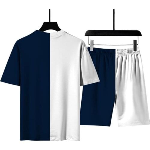2021 Stylish Color Matching Short Sleeve Sports Suit Two Piece O-neck T-shirt Shorts Men Loose Tracksuit Activewear for Daily