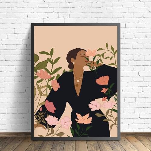 Boho Wall Art Print Abstract Woman Portrait Fashion Illustration Poster Tropical Botanical Flower Art Canvas Wall Decor Painting