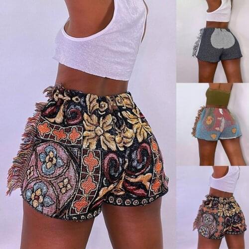 2021 New Womens Retro Pants Printed Tassel Bag Hip Slim Fit All-match Casual Shorts Fashion Casual Beach Hot Short Dropshipping