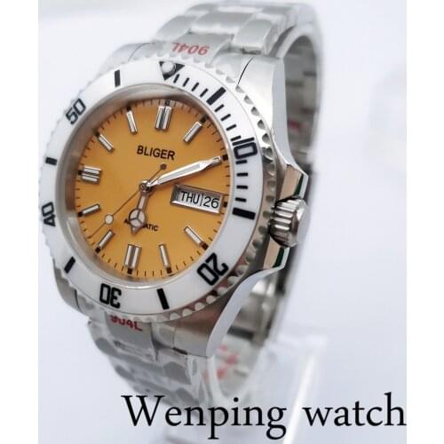 New BLIGER 40mm Mens Luxury Mechanical Sterile Watch Sapphire Glass Orange Dial Date Calendar NH36A Movement Automatic