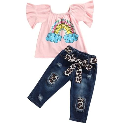 1-6Y New Summer Fashion Children Sets Rainbow Printed T-shirt Leopard Belt Denim Pants Girls Clothing Sets Kids Summer Set
