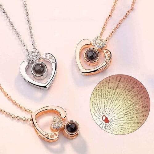 I Love You Projection Pendants Necklace 100 Languages Heart Shape Necklace Rose Gold Silvery Couple Wedding Jewelry Gift