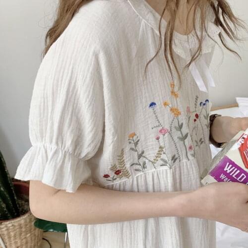 QWEEK Cotton Sleepwear Korean Style Nightdress Women Floral Embroidery Nightie White Dress Summer 2021 Nightwear Sweet Nightgown