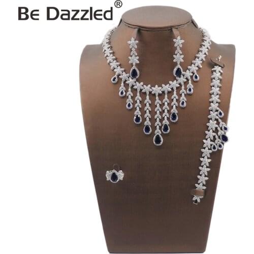 Luxury Jewelry Set Wholesale Blue Zircon Stone Wedding Tassel Necklace Earrings Navy Main Stone Jewellery Set For Party Gift