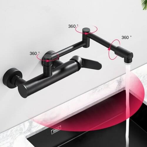 Tuqiu Pot Filler Tap Wall Mounted Foldable Kitchen Faucet Hot and Cold Black Total Brass Sink Tap Rotate Folding Spout Brass