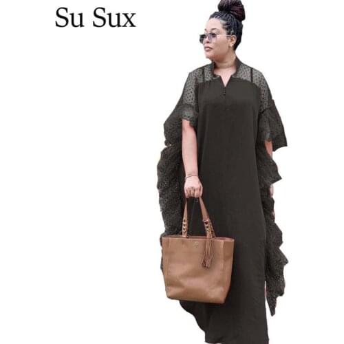 Mesh Black Party Dress African Clothes Plus Size Bat Sleeve Ruffles Long Dress African Dresses For Women Robe Vestidos Bust120cm