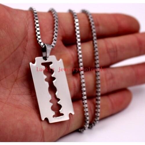 High Polished Mens Stainless Steel Double Edge Blade Necklace Pendant with 24'' Box Chain Barber Jewelry