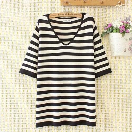 Plus size black red striped knitted women t shirts 2021 casual summer tshirts V-neck short sleeve ladies t-shirts